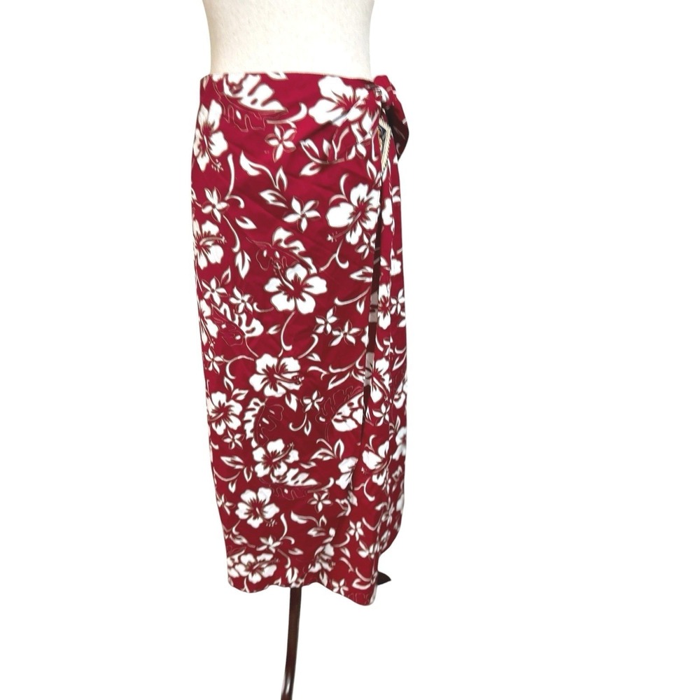 Vtg Hilo Hattie Red Hibiscus Wrap Skirt Large Hawaiian Sarong Cotton Resort NEW